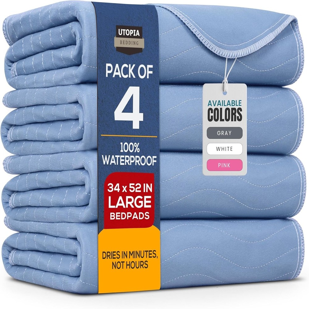 Utopia Bedding Washable Underpads 34″x52″ Waterproof Reusable Bed Pads – 4 PACK