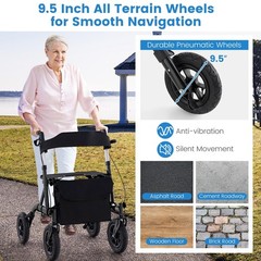 All-Terrain Rollator Walker with Pneumatic Tires, Foldable, Adjustable Height, S