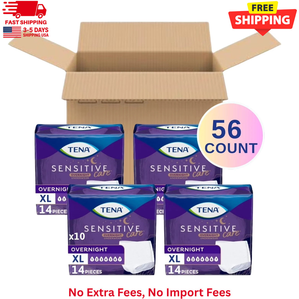 TENA Sensitive Care Overnight Underwear, XL, 56 Count (Waist Size 39in-52in) New