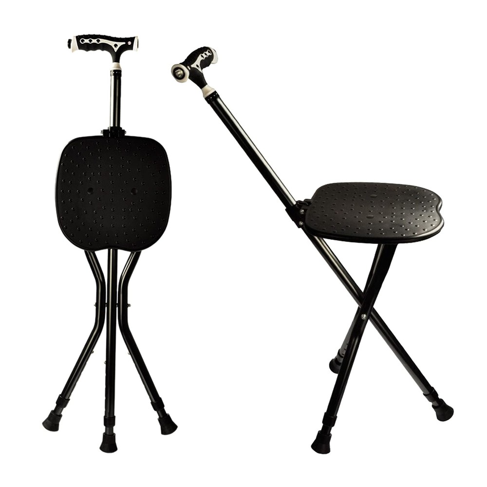 HeavyDuty 440lb Folding Cane Seat, Adj. Walking Stick, Frosted Grip, Square LED