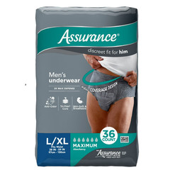 Assurance Men’s Incontinence Underwear, L/XL, Maximum Absorbency, 36 Ct, 2 Pack