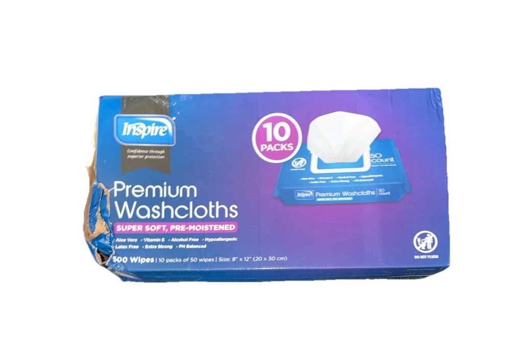INSPIRE Premium Washcloths Super Soft, Pre-Moistened 500 Count (Do Not Flush)