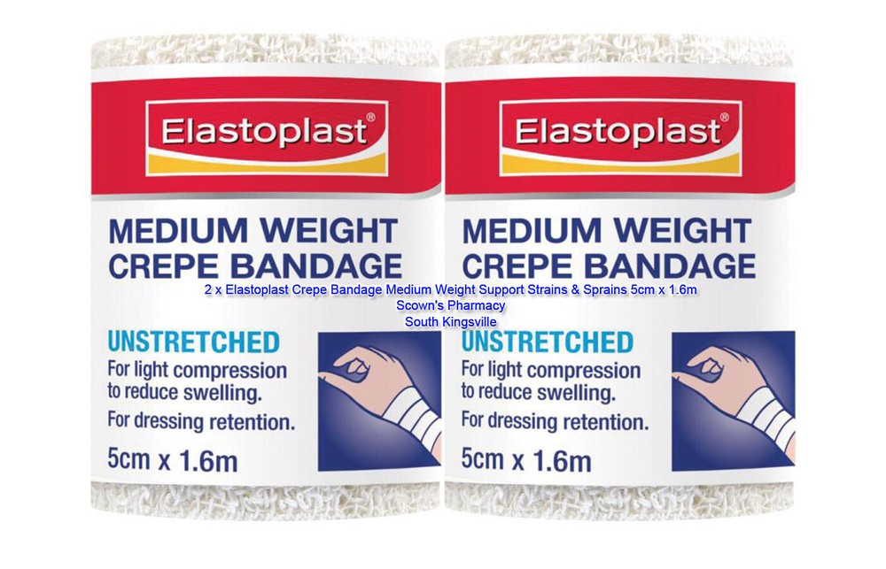 2 x Elastoplast Crepe Bandage Medium Weight Support Strains & Sprains 5cm x 1.6m