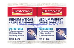 2 x Elastoplast Crepe Bandage Medium Weight Support Strains & Sprains 5cm x 1.6m