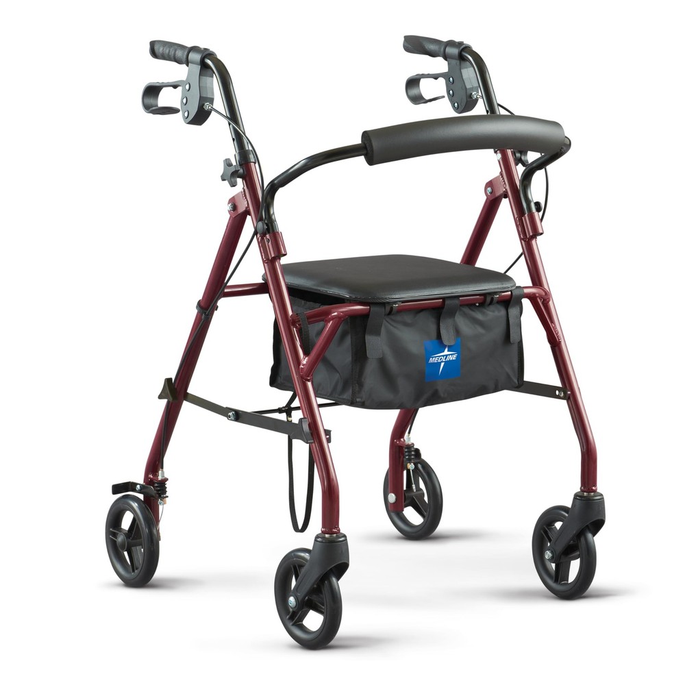Medline 100RA Rollator Walker Burgundy Alloy Steel Foldable Adjustable Handles