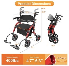 SUCCU 2-in-1 Rollator Walker Transport Chair, Foldable Seat, 400 lb, Red/Black