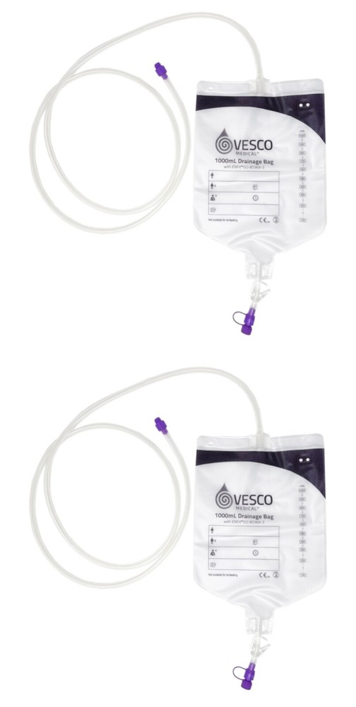 Vesco Medical 1000mL Enteral Drainage Bag w/ ENFit & 5cm tubing VED-010EO 2/pack