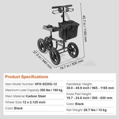 VEVOR Knee Scooter Carbon Steel Folding Knee Walker Recovery Scooter 350LB Loads