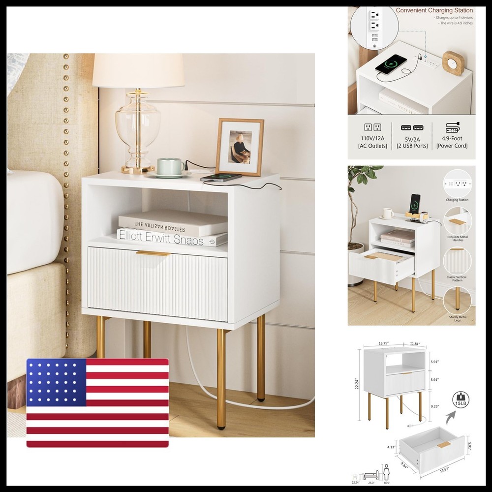 Masupu Nightstand Charging Stationmid-Century Modern Bedside Table Storage