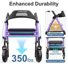 HOMLAND Foldable Rollator Walkers with Seat for Seniors, 350 Pound, Purple