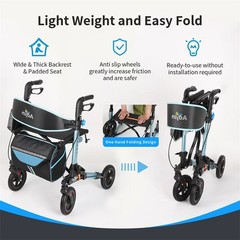 Foldable Rollator Walker 300 lb Capacity w/ 17.3″ Seat & 8″ Wheel Rolling Walker