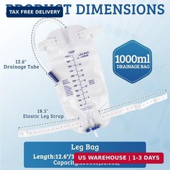 5 Pack 1000ml Sterile Leg Urinary Drainage Bags with 2 Adjustable Elastic Straps