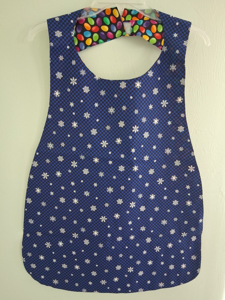 Adult Bib Handmade Cotton Snowflakes & Jelly Beans, 35 1/2” by 21 ½”, reversible