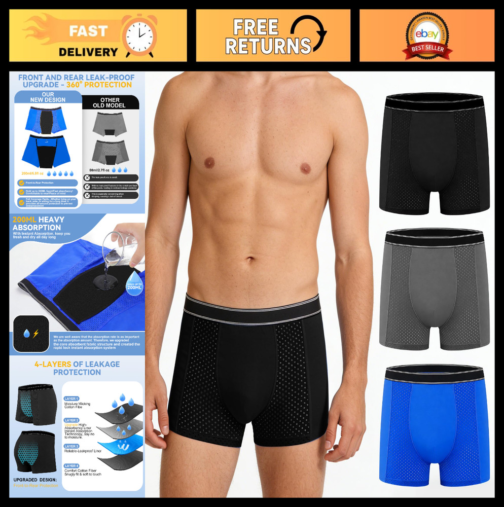 Men’s Leakproof Incontinence Boxer Briefs – 200ml Absorbent, Washable Cotton, 3