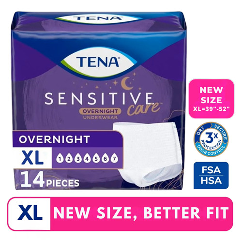 TENA Sensitive Care Overnight Underwear XL 14 Count (Waist size 39in-52in)