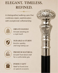 Elegant Decorative Walking Cane Silver Tone Ornate Handle Gentleman Dress Cane
