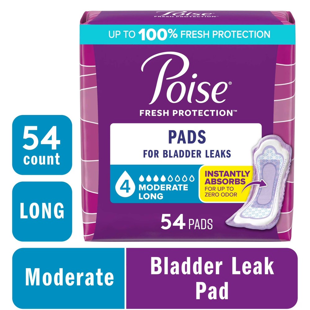 Incontinence Pads for Women, 4 Drop Moderate Absorbency, Long Length, 54 Count