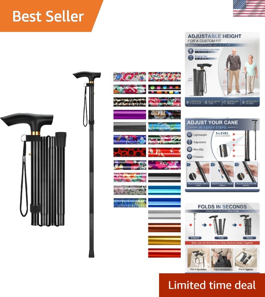 Collapsible Travel Cane for Elderly – 33-37 Inch Adjustable Height，Lightweight