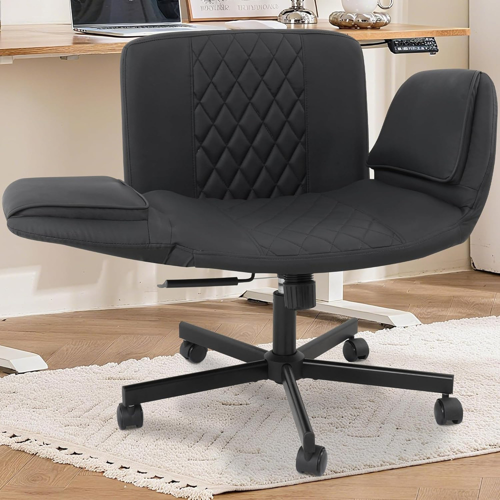 Stylish Criss Cross Rolling Chair with Adjustable Armrests – Black PU Leather