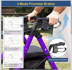 AKOASM Foldable 4-Wheel Rollator Walker Seat Backrest Handbrakes 300lb Purple