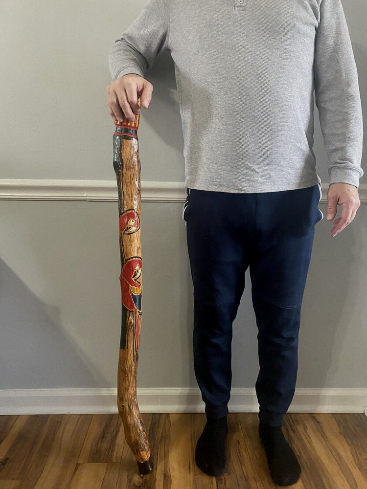 Wooden Walking Stick Staff Cane Hand Carved Painted 44″ Parrot Design