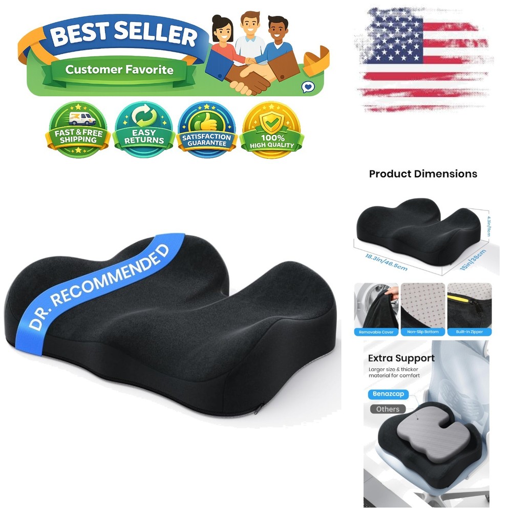 Large Ergonomic Memory Foam Seat Cushion for Sciatica & Back Pain Relief – 19×17