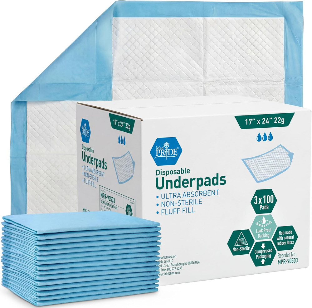 Medpride Disposable Underpads 17“ X 24“ (100-Count) Incontinence Pads, Bed Cov