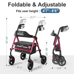 HOMLAND Foldable Rollator Walker with Seat, 350 lb Capacity, Red