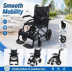 Lightweight Folding Transport Wheelchair w/6″ Front 12″ PU Mag Wheel & Handbrake