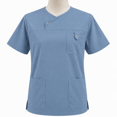 Men’s Medical Scrub Top Round Neck Metal Snap Buttons Medical Uniform Top