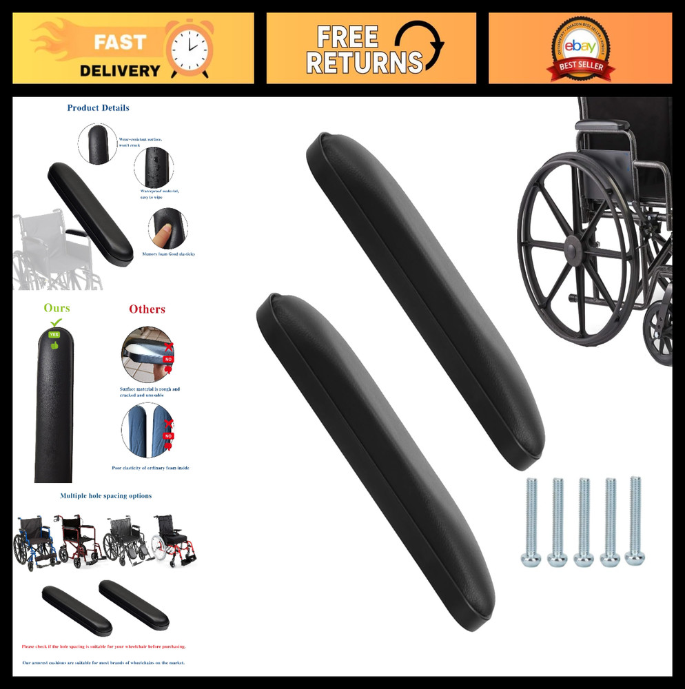 Universal Wheelchair Padded Armrests – Black Replacement Pads (10-1/4″, 2pcs)