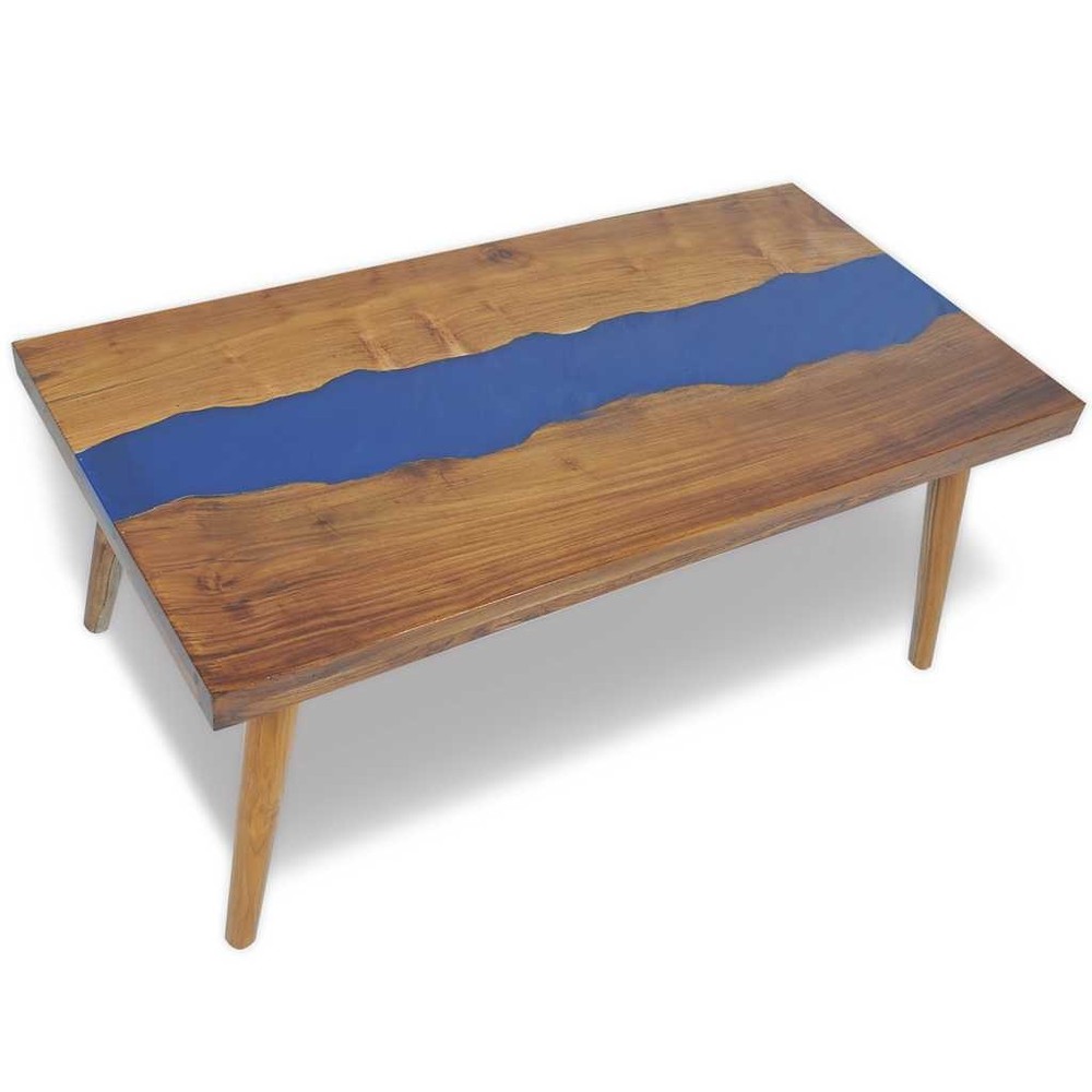 vidaXL Coffee Table, Solid Teak Wood, 39.4“x19.7“x15.8“, Brown and Blue vida