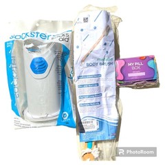 Three Piece Set assist for putting on socks Pill Box Shower Brush Gift Lot