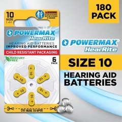 Powermax Size 10 Hearing Aid Batteries 180 Count Long-Lasting Battery Pack Yello