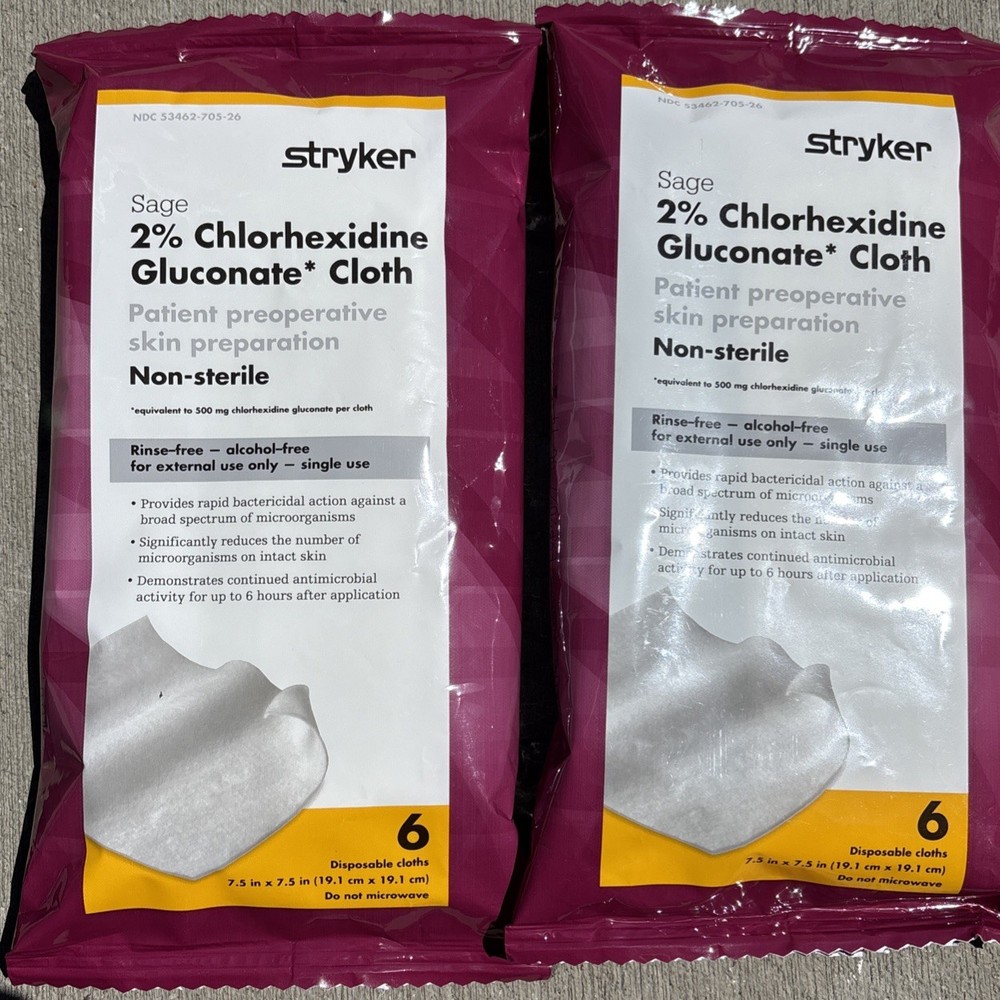 2 Stryker Sage 2% Chlorhexidine Gluconate Cloth 6 Disposable clothes 2 Packs I