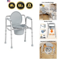 3 in 1 Bedside Commode Toilet for Seniors, Sturdy Dual-Crossbar | Height Adju…