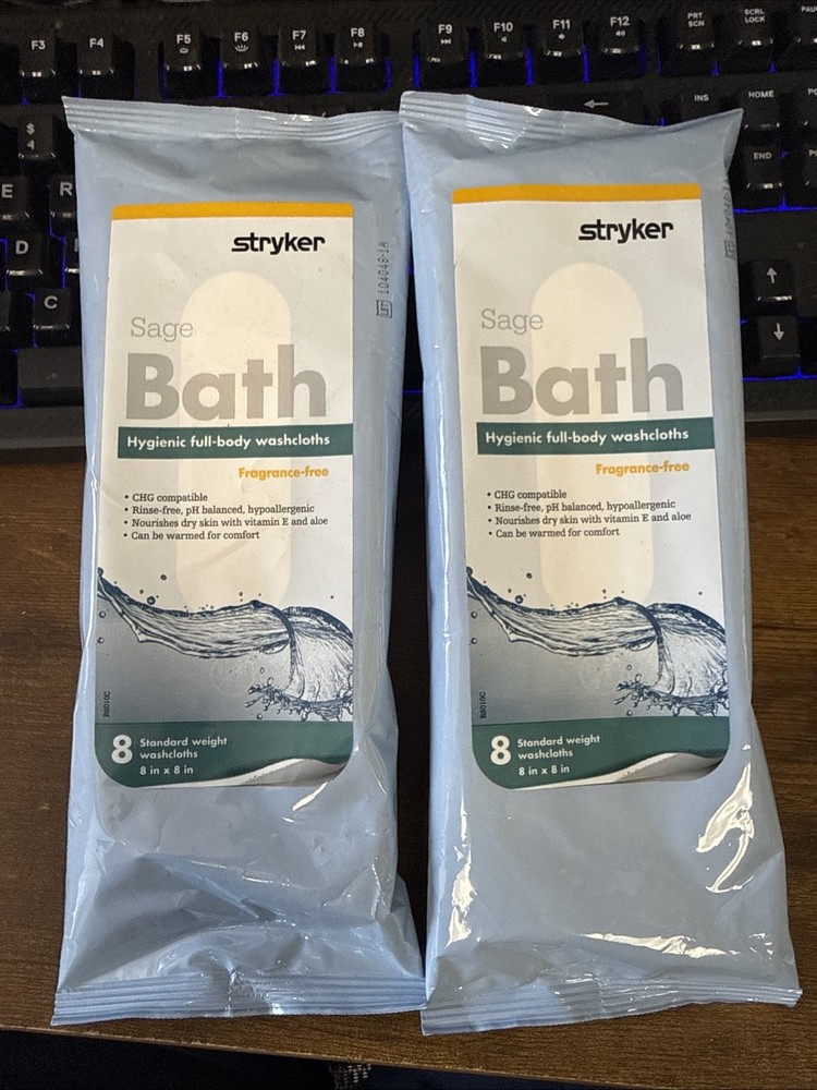 Stryker Sage 7991 Bath Hygienic Full-Body Washcloths Fragrnce Free 2 Pks of 8