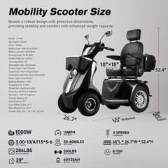 1000W Heavy Duty 4 Wheel Mobility Scooters for Seniors 40 Miles 500 lb Capacity