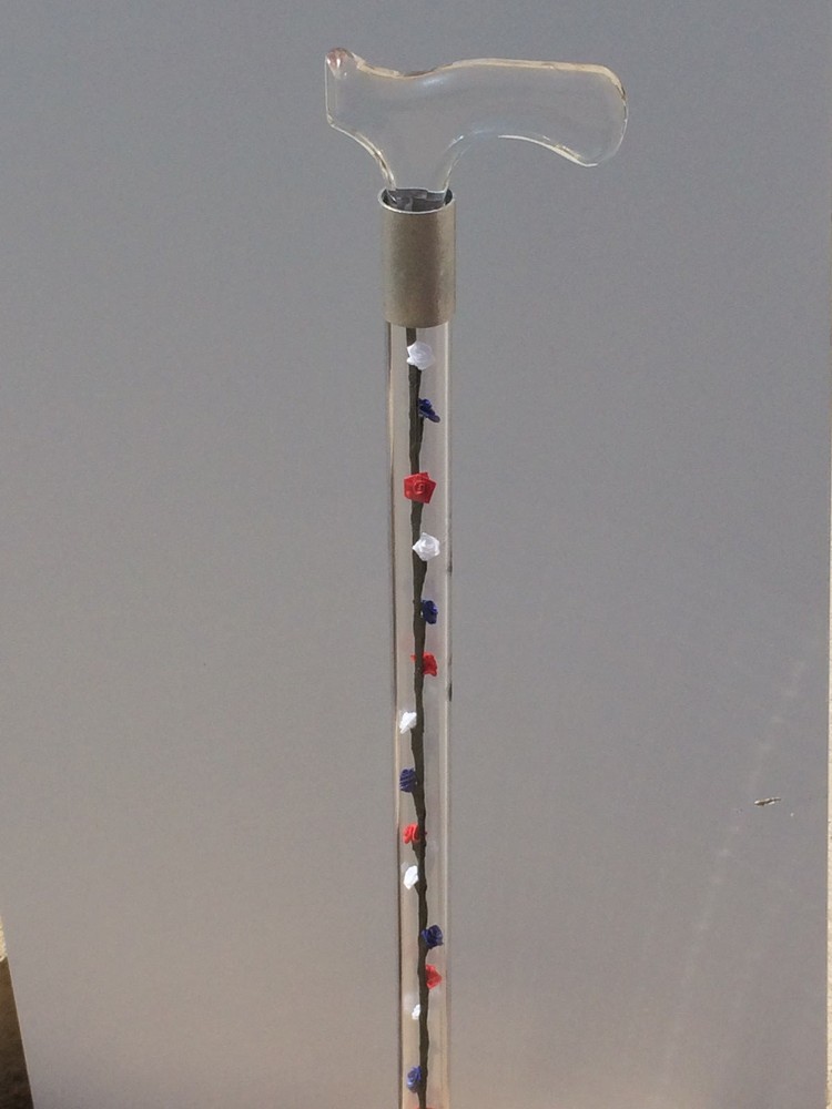 Walking cane acrylic red white blue rose flowers lucite elegant designer