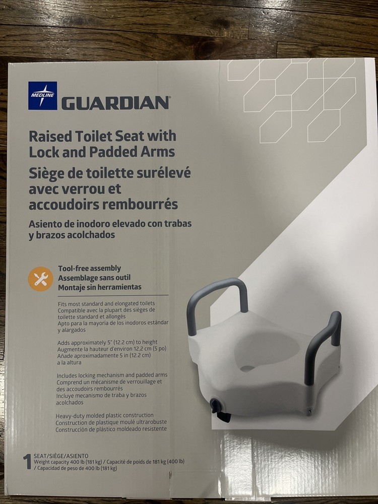 Medline Guardian 5″ Raised Locking Toilet Seat, w/Arms 400 lb. Capacity