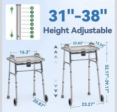LOYODA Folding Walker w/Tray, 2 Wheels, Adjustable 31-38″.