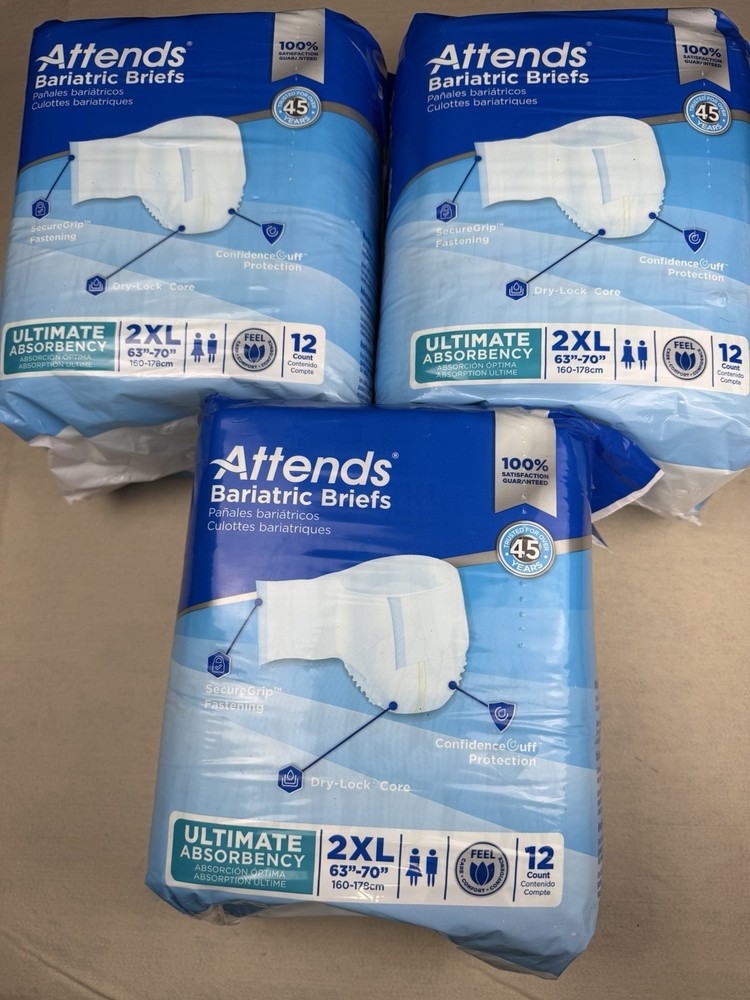 Attends Bariatric Briefs 2XL Ultimate Disposable 3 Packs = 36 in Total. NEW