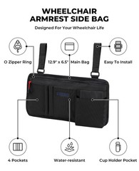 ZHCHG Wheelchair Side Bag with Cup Holder, Armrest Pouch Black