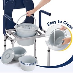 Drop Arm Bedside Commode Toilet with Padded Seat and Backrest, 6.3QT Bucket Read