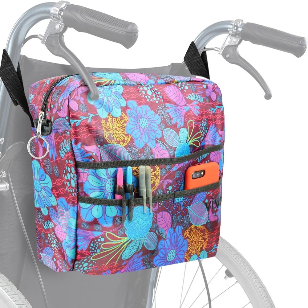 Water-Resistant Wheelchair Bag – XL Pockets & Adjustable Straps in Floral