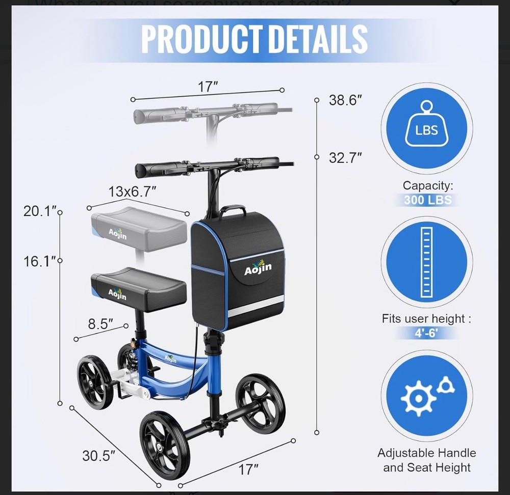 Aojin WB-2201 Foldable Knee Scooter Walker All Terrain w/ Bag & Brakes