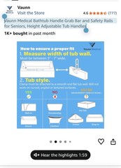 Vaunn Medical M775N-HAWB-APVM Adjustable Non-Slip Clamp-On Bath Tub Handle