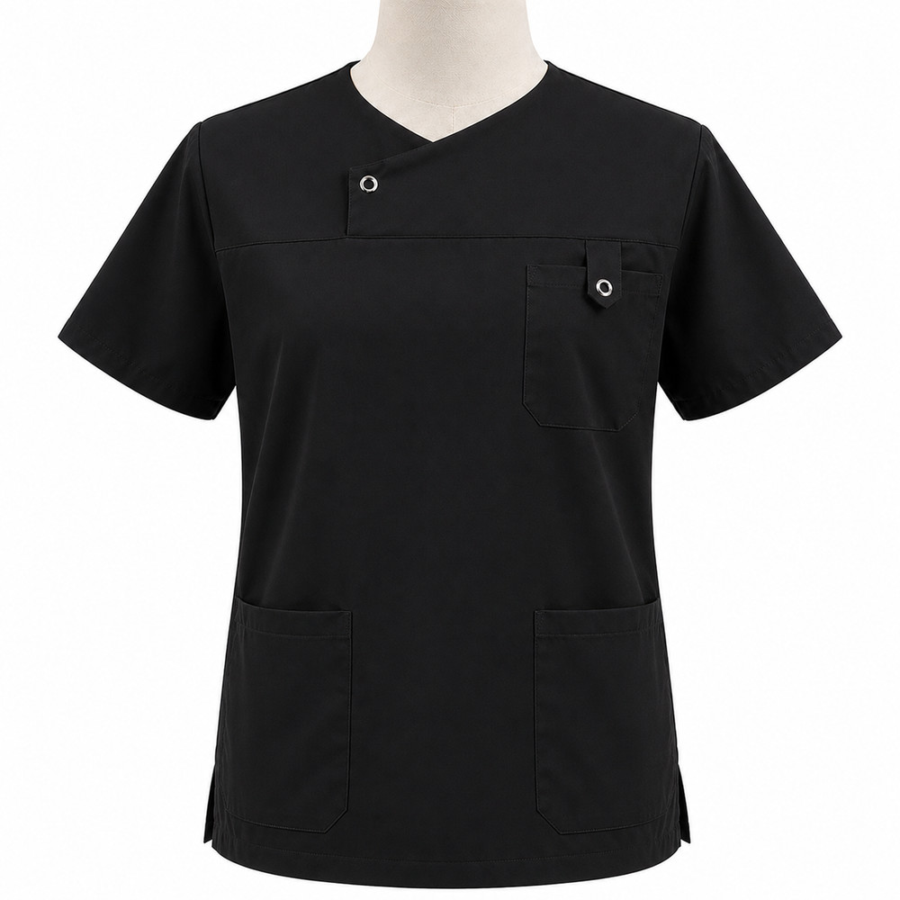 Men’s Medical Scrub Top Round Neck Metal Snap Buttons Medical Uniform Top