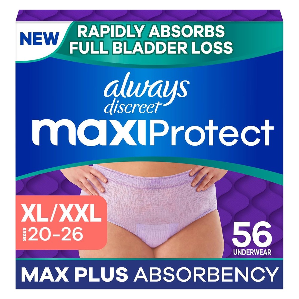 Always Discreet MaxiProtect Women Diapers, Max Plus Absorbency, XL/XXL, 56 Count