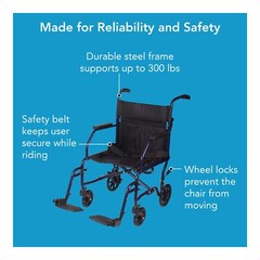 Carex Lightweight Blue Transport Wheelchair 25lbs Folding Portable 19 Inch Seat